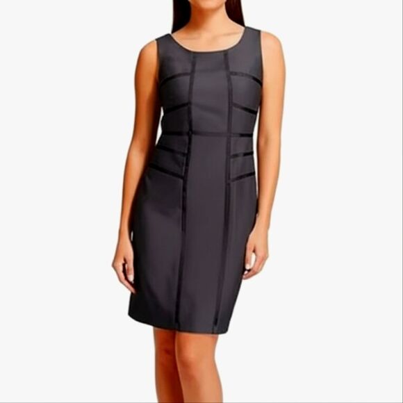 Ann Taylor black wool & silk organza sheer insert shift sheath dress womens 12 - Picture 1 of 9